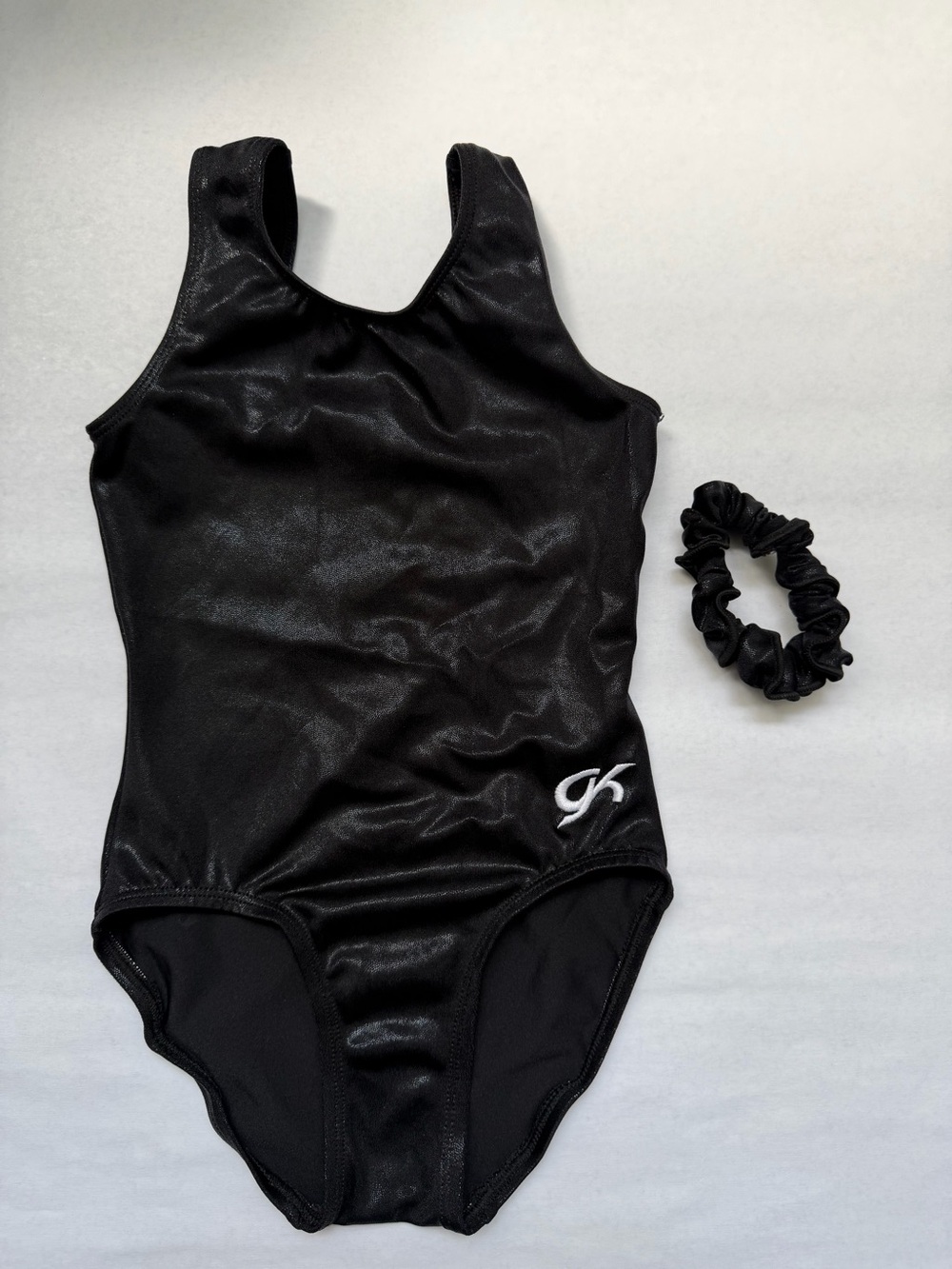 Size Child Medium GK Black Metallic Gymnastics Leotard w/ Scrunchie